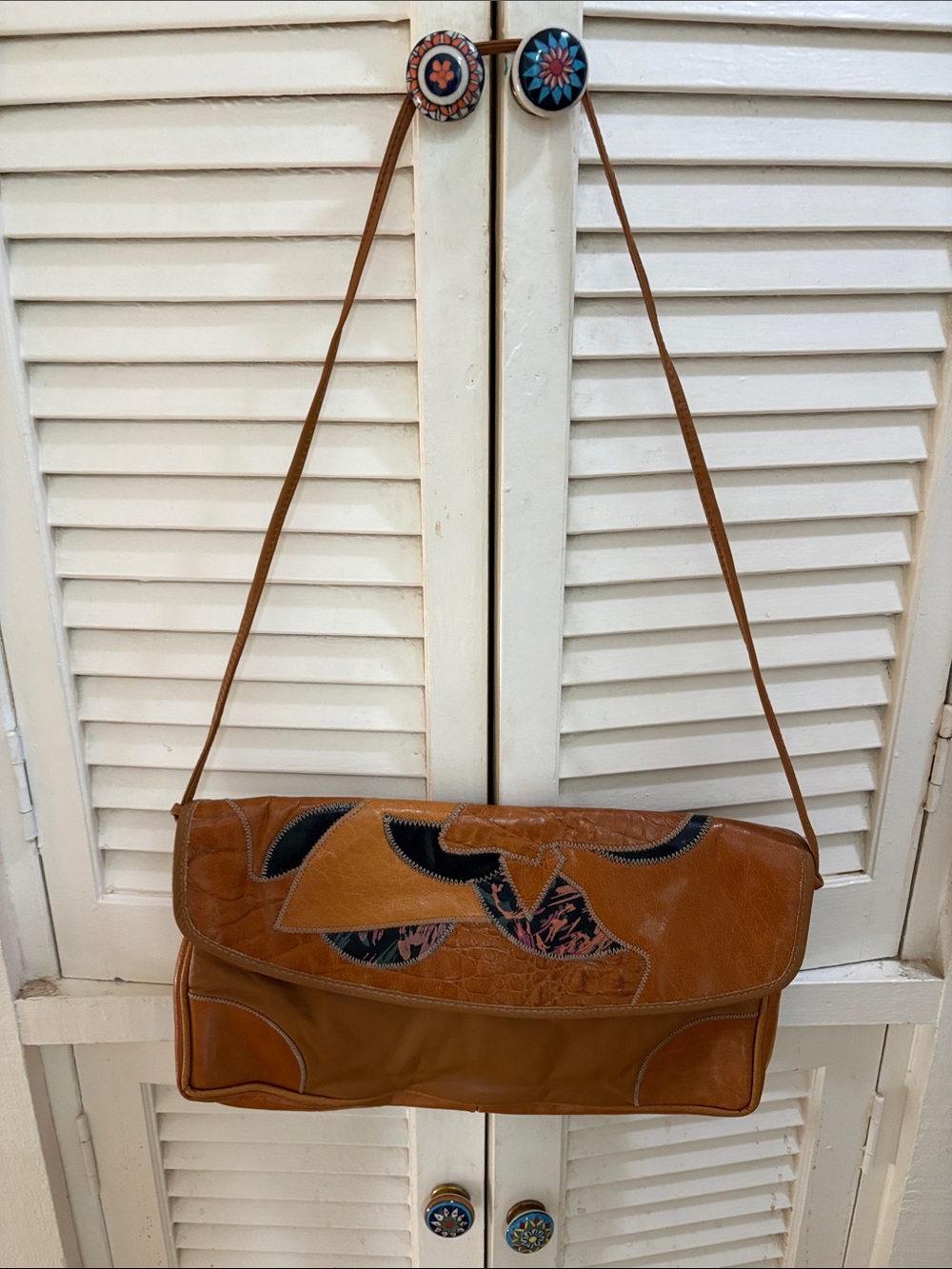 Brown Leather Shoulder Bag with Patchwork Detail
